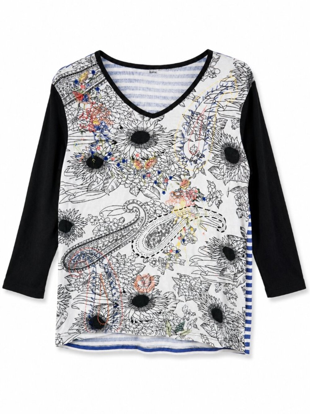 Floral Stripe Dolman Top Black Blue White Artsy Boho Tunic